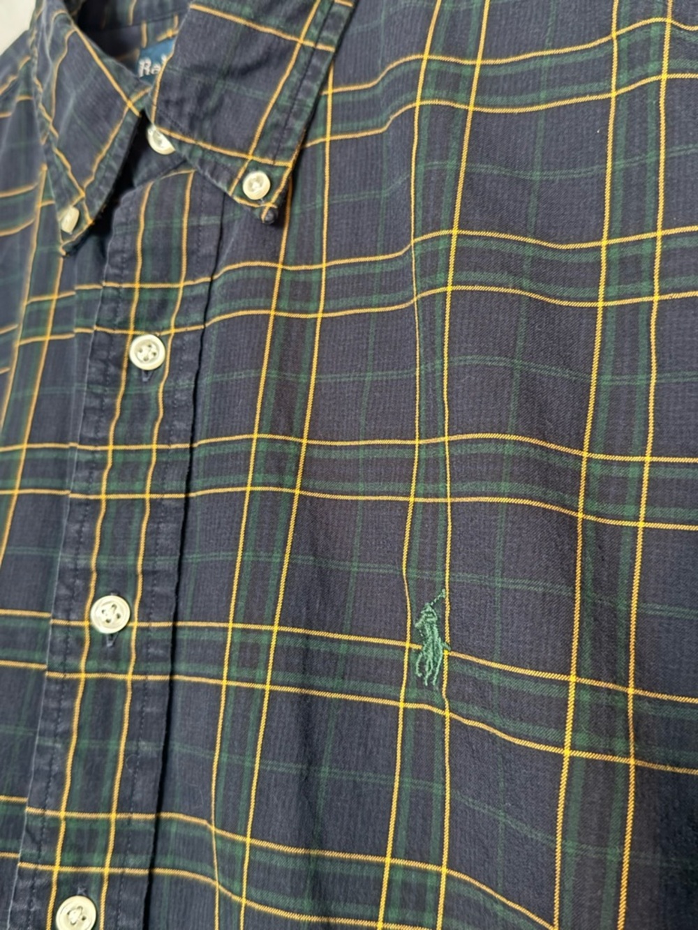 Ralph Lauren Navy Plaid Button-Down Shirt with Green & Yellow Trim